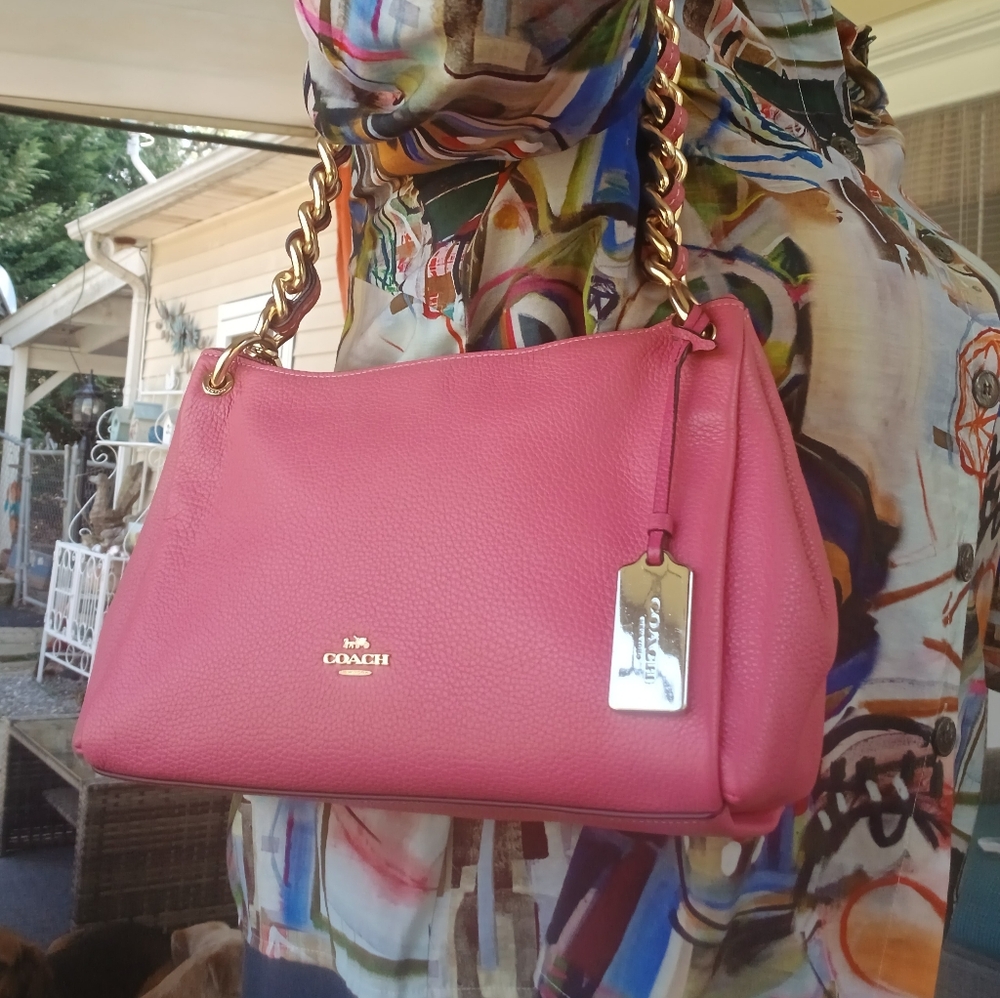 NEW Coach Mia Pink Pebble Leather with Gold Chain Shoulder Bag NEW w Tags - Picture 11 of 14
